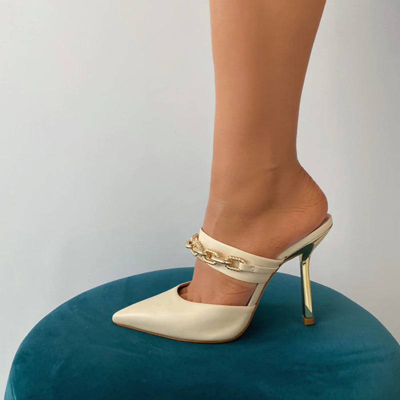 Beige Pointed Toe Stiletto Heels Metal Chain Vintage Mules for Women