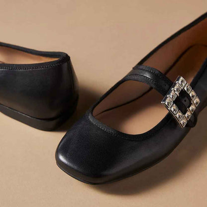 Black Square Toe Crystal Embellished Mary Jane Flats