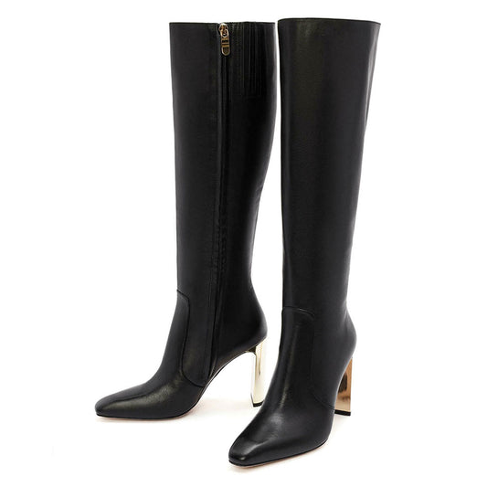 Black Square Toe Metallic Chunky Heel Zipper Knee High Boots for Women