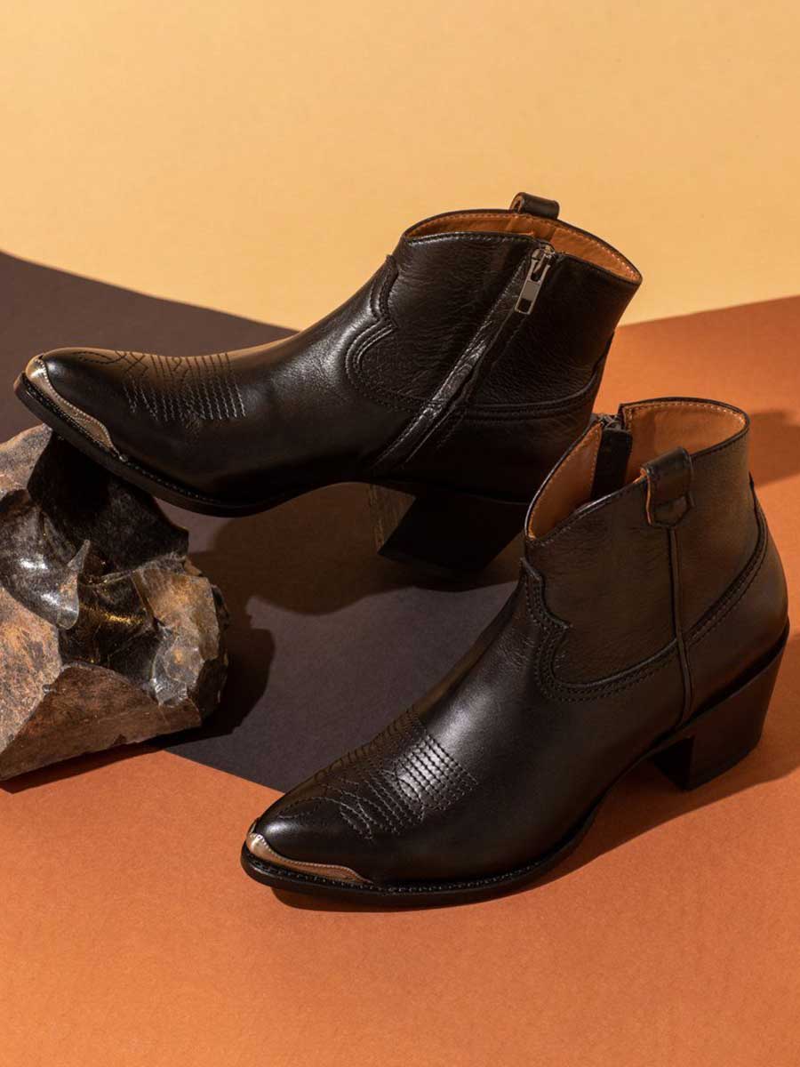 Black Vegan Leather Pointed Toe Side-Zipped Block Heeled Cowgirl Ankle Boots