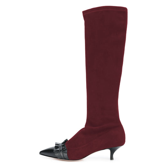 Women's Ruffled Pointed Toe Slip On Kitten Heel Boots in Maroon