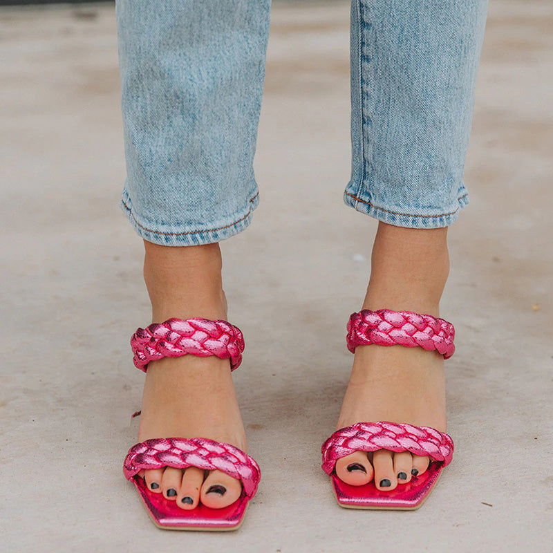 Hot Pink Square Toe Woven Double Strap Mules Sandals with Block Heels