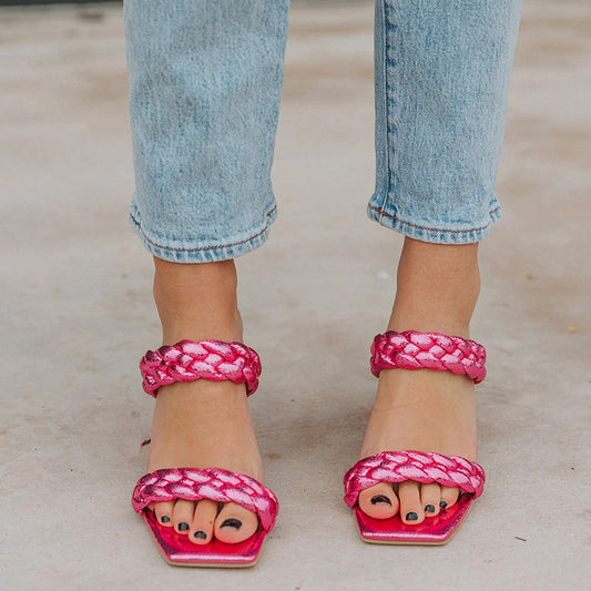 Hot Pink Square Toe Woven Double Strap Mules Sandals with Block Heels