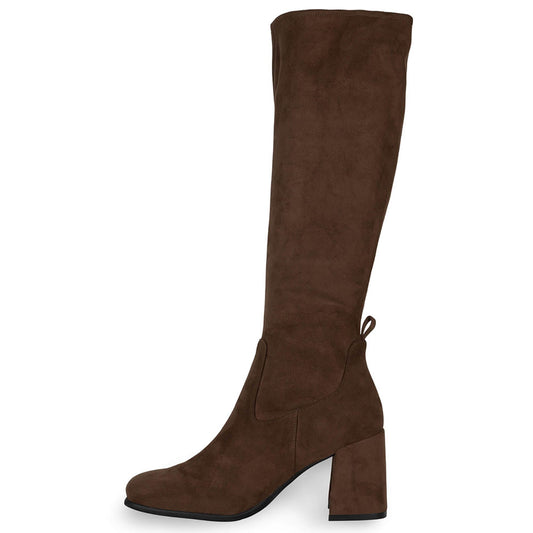 Brown Faux Suede Square Toe 3'' Chunky Heel Wide Calf Knee High Boots