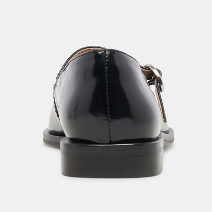 Black Patent Leather Pointed Toe Mary Jane Flats with Buckle Strap