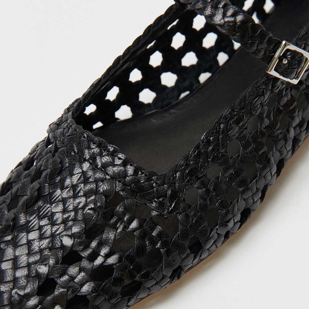 Black Square Toe Woven Detail Buckle Strap Flat Shoes Women