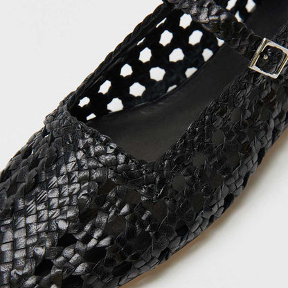 Black Square Toe Woven Detail Buckle Strap Flat Shoes Women