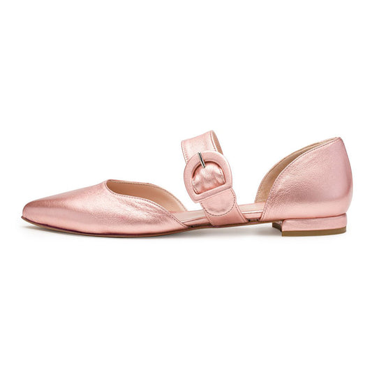 Light Pink Metallic Finish Pointed Toe Buckle Strap Mary Jane Flats