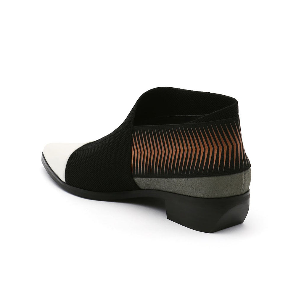 Black & White Pointy Toe Chunky Heel Ankle Boots with Graphic Pattern