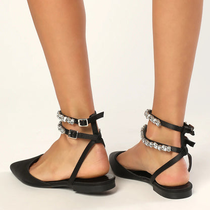 Black Satin Pointed Toe Rhinestone Decor Ankle Strap Flats
