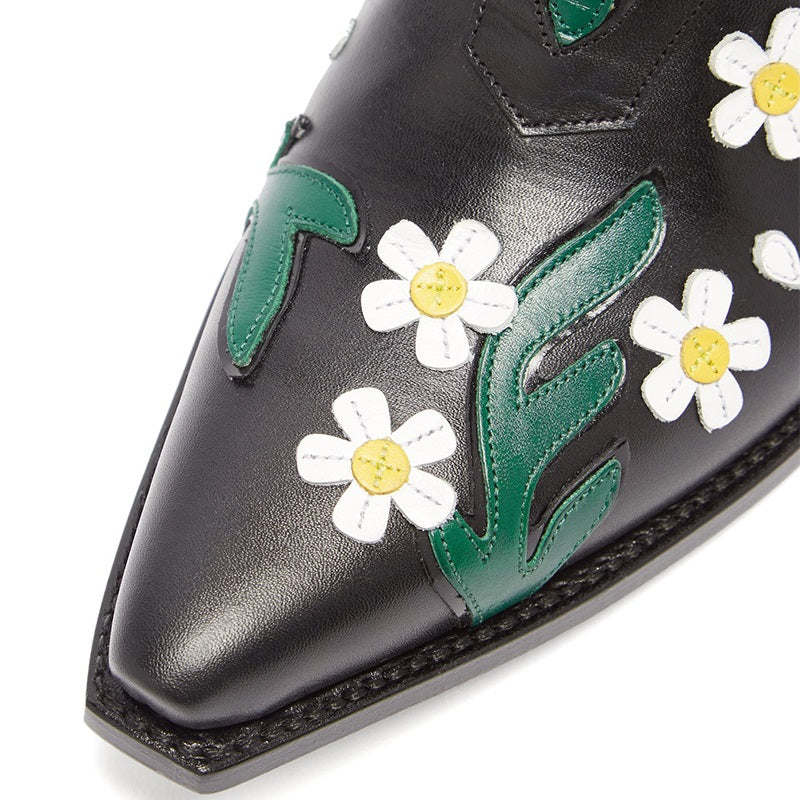 Black Snip Toe Cowgirl Ankle Boots with Zipper and Flower Inlay