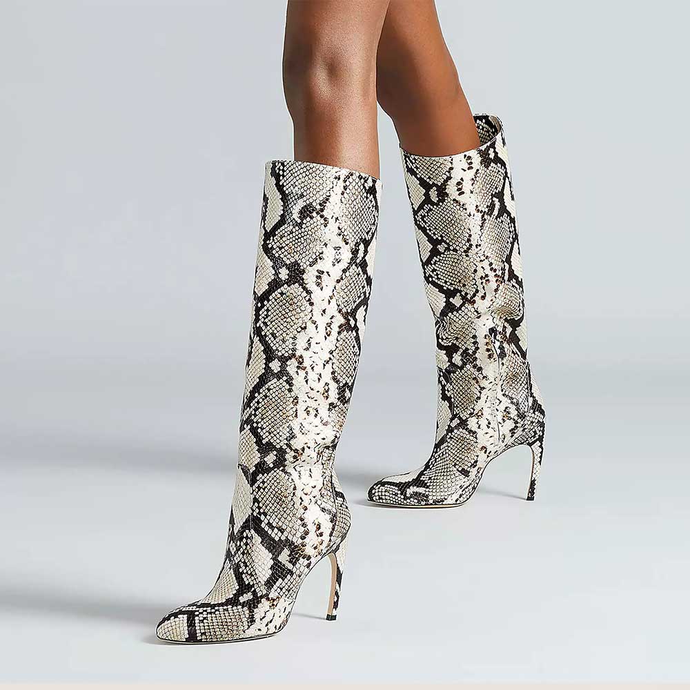 Gray Snakeskin Pointed Toe 4'' Stiletto Heel Wide Calf Knee High Boots