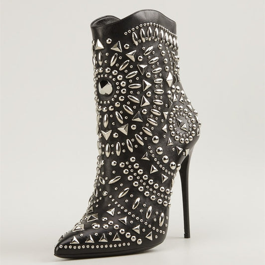 Black Studs Shoes Stiletto Heel Ankle Boots