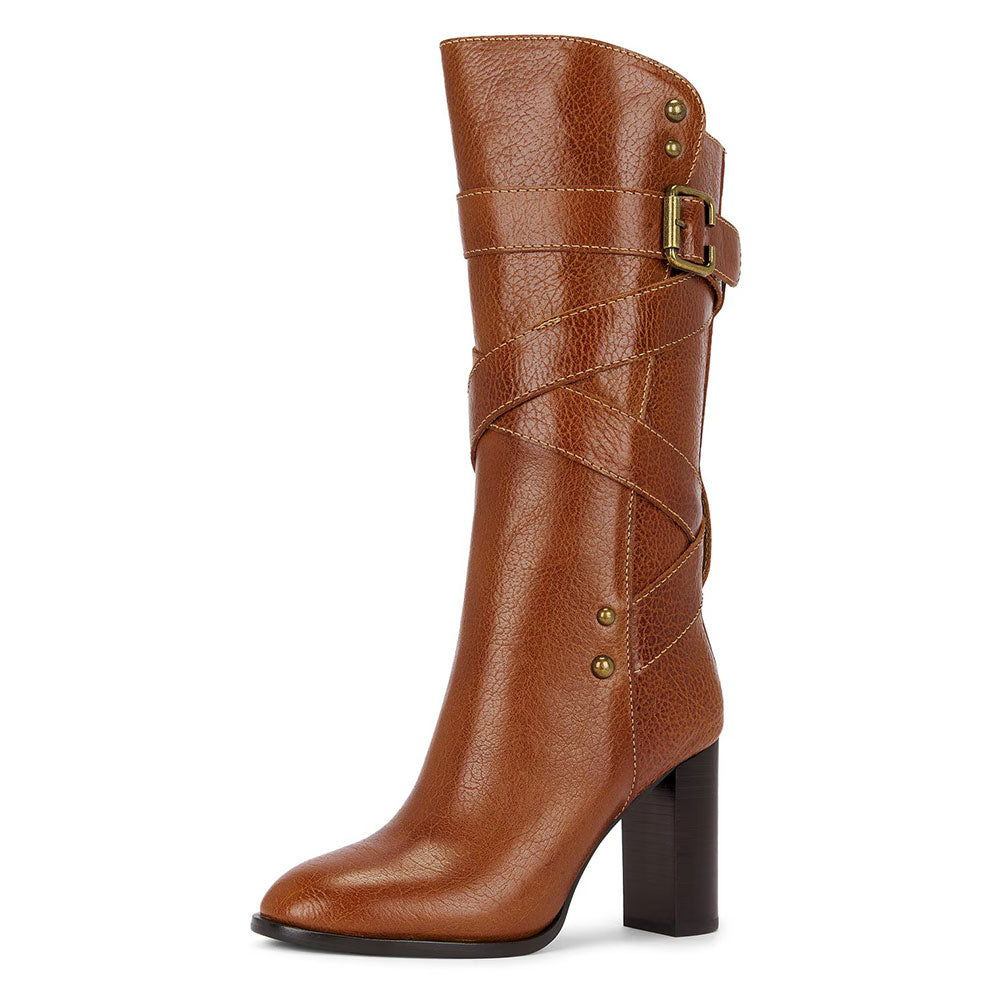Brown Chunky Heel Buckle Strap Studded Mid Calf Boots with Zipper