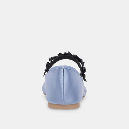 Light Blue Satin Pleated Square Toe Bow Ballet Flats with A Strap