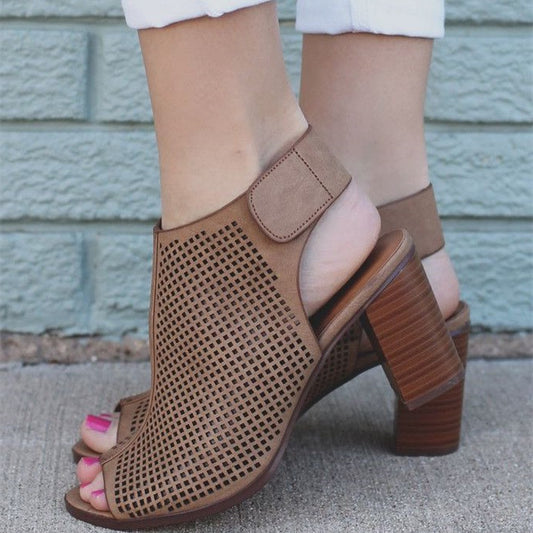 Women's Brown Chunky Heel Slingback Perforated Summer Ankle Boots