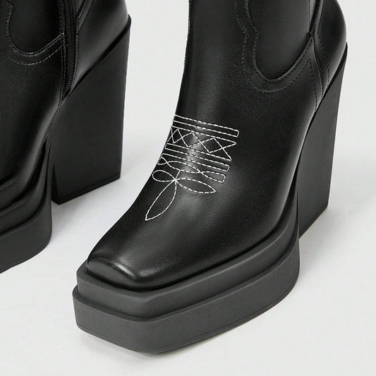 Black Sewed Halloween Square Toe Chunky Heel Platform Knee High Boots