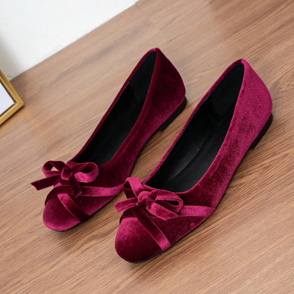 Maroon Velvet Pointed Toe Flats with Bow