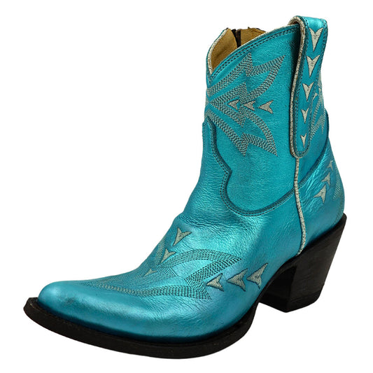 Chic Metallic Turquoise Round Toe Embroidered Western Heeled Booties
