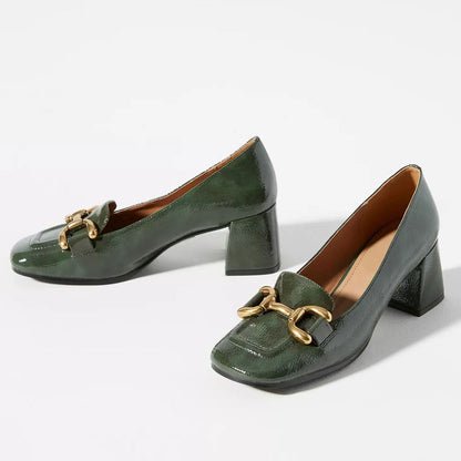 Vintage Green Square Toe Chunky Heel Slip-On Horsebit Loafers