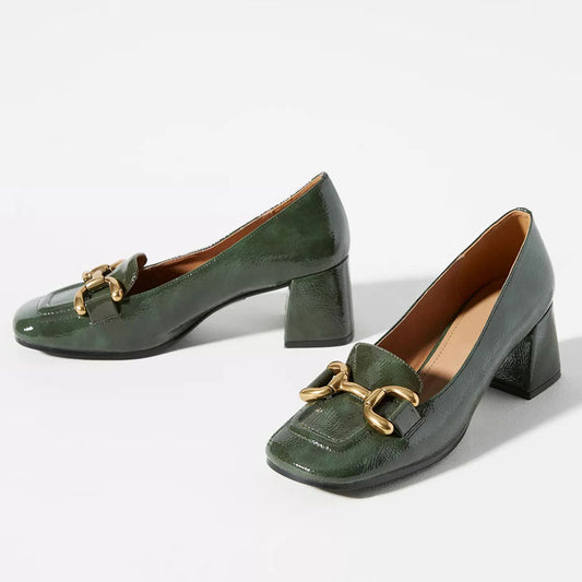 Vintage Green Square Toe Chunky Heel Slip-On Horsebit Loafers