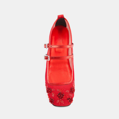 Red Mesh Floral Beads & Sequins Embellished Closed Toe Mary Jane Flats
