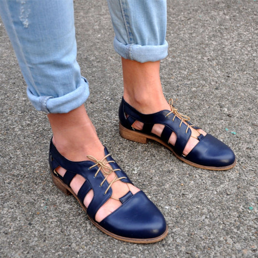 Navy Round Toe Cut Out Lace Up Comfortable Flat Shoes Women