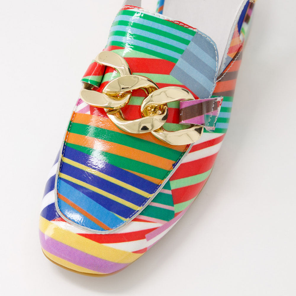 Multicolor Patent Leather Stripe Chain Slingback Heeled Loafers
