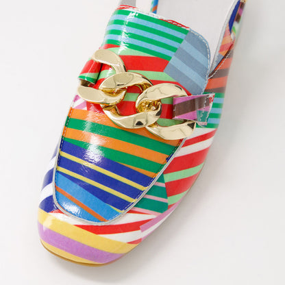 Multicolor Patent Leather Stripe Chain Slingback Heeled Loafers