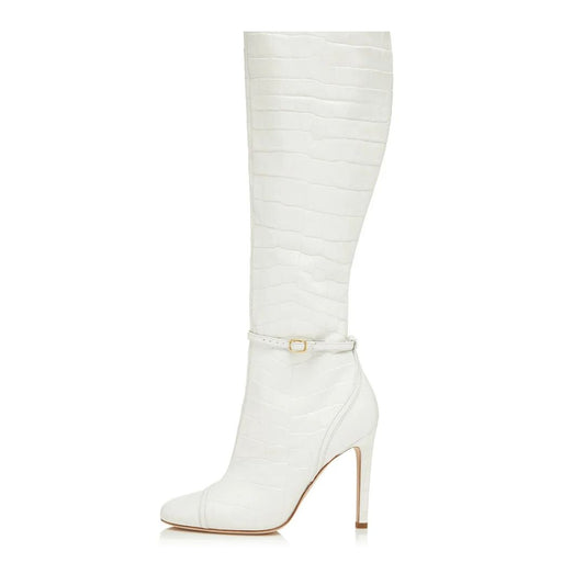 Women's White Croco Embossed Square Toe Knee High Boots with Buckle