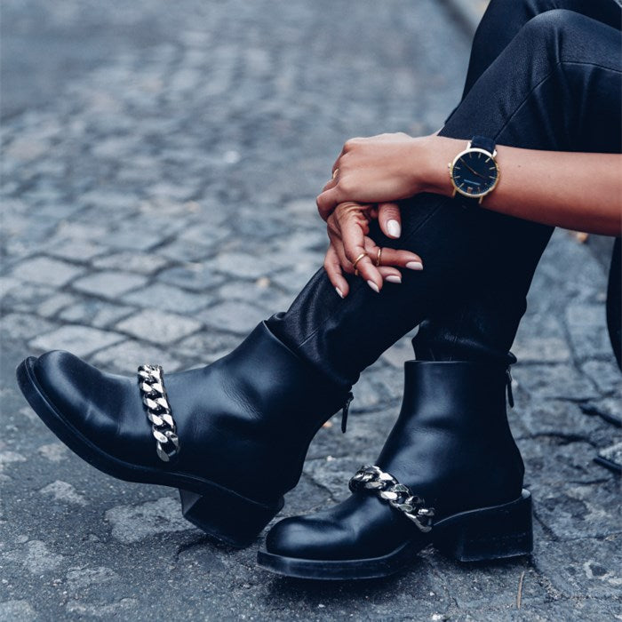 Black Retro Round Toe Chain Chunky Heels Ankle Boots