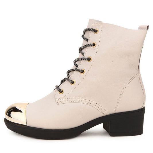 Women's Metal Round Toe Tie-Up Chunky Heel Ankle Boots in Beige