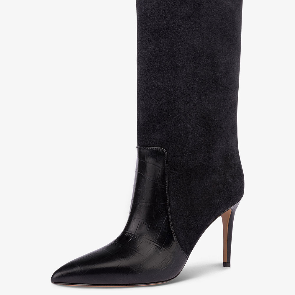 Black Crocodile Embossed Pointed Toe Stiletto Heel Knee High Boots