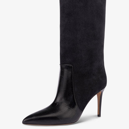 Black Crocodile Embossed Pointed Toe Stiletto Heel Knee High Boots