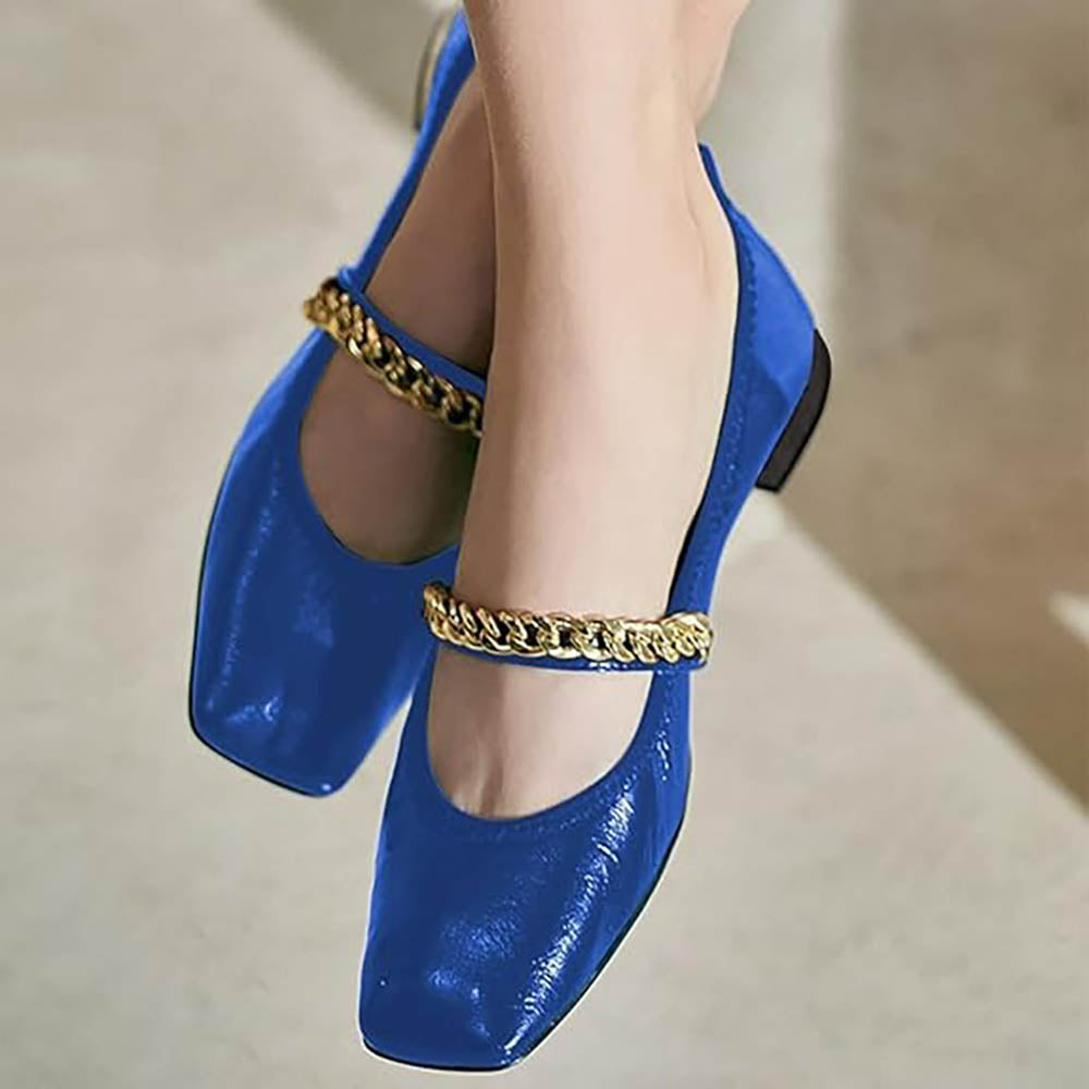 Blue Square Toe Chain Strap Vegan Leather Mary Jane Flats