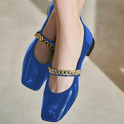 Blue Square Toe Chain Strap Vegan Leather Mary Jane Flats
