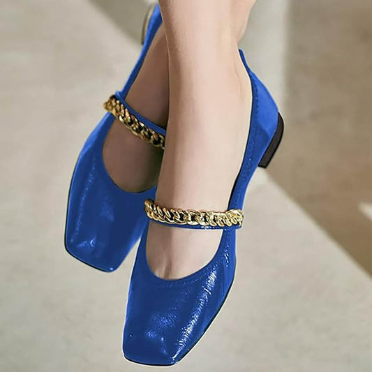 Blue Square Toe Chain Strap Vegan Leather Mary Jane Flats