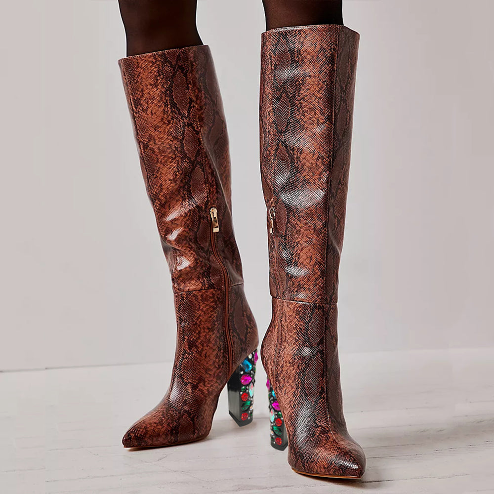 Women's Snake Textured Gem Decorative Heel Tall Boots with Zipper
