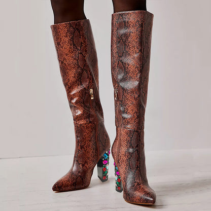 Women's Snake Textured Gem Decorative Heel Tall Boots with Zipper