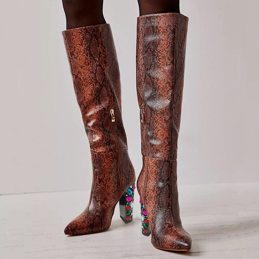 Women's Snake Textured Gem Decorative Heel Tall Boots with Zipper