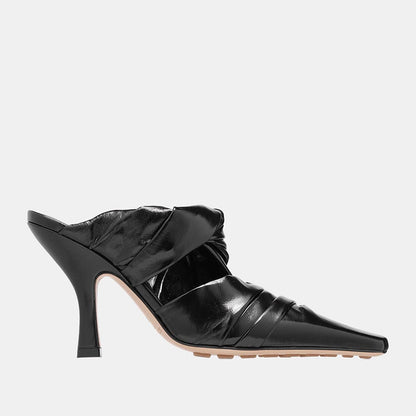 Stylish Pointed Toe Soft Pleated Shoes High Heel Mules in Black