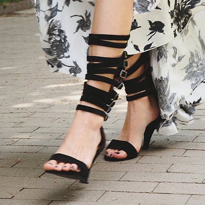 Black Gladiator Heels Open Toe Buckled Strappy Sandals for Women