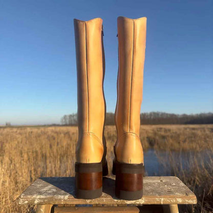 Tan Chunky Heel Flower Inlay Zipper Platform Mid Calf Boots for Women