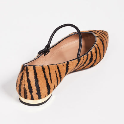 Brown Tiger Horsehair Pointy Toe Flats Mary Jane Shoes for Women