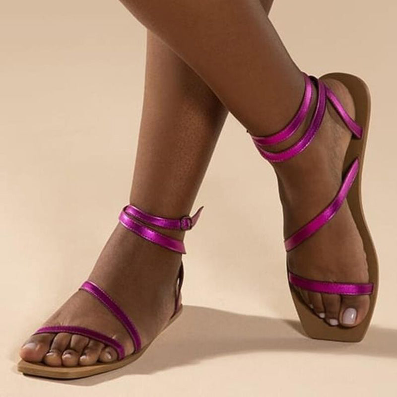 Purple Open Square Toe Flats Strappy Summer Sandals for Women
