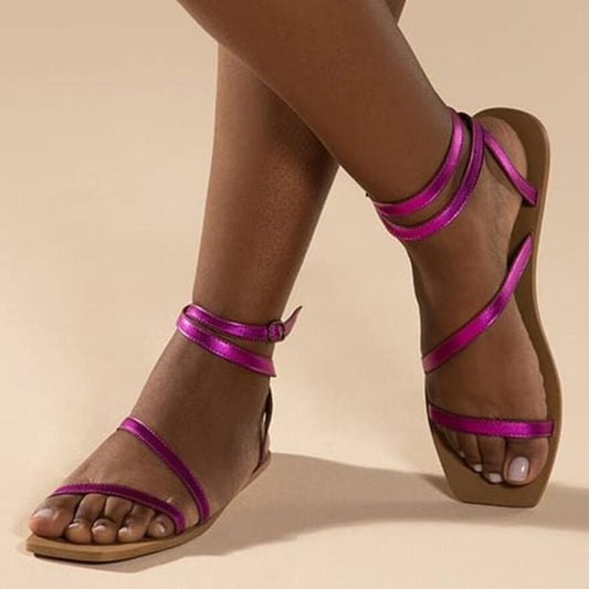 Purple Open Square Toe Flats Strappy Summer Sandals for Women
