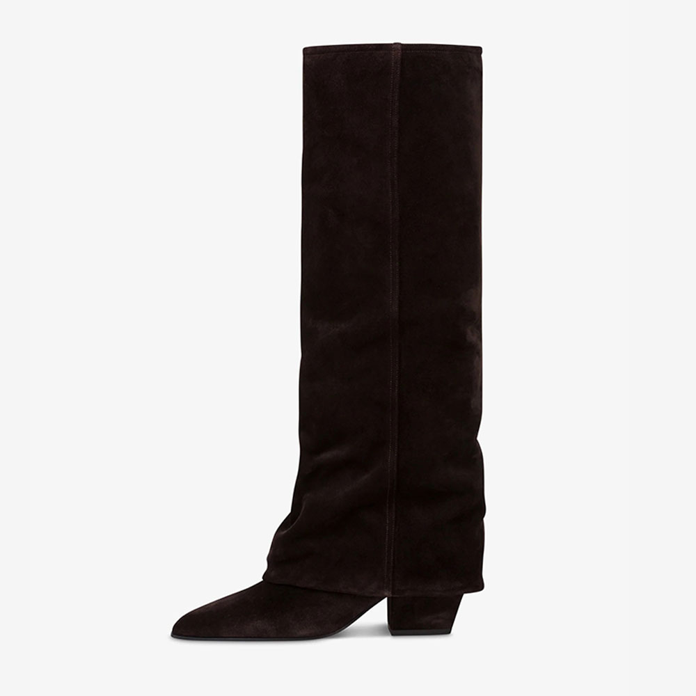 Dark Brown Pointed Toe Block Heel Fold Over Knee High Boots