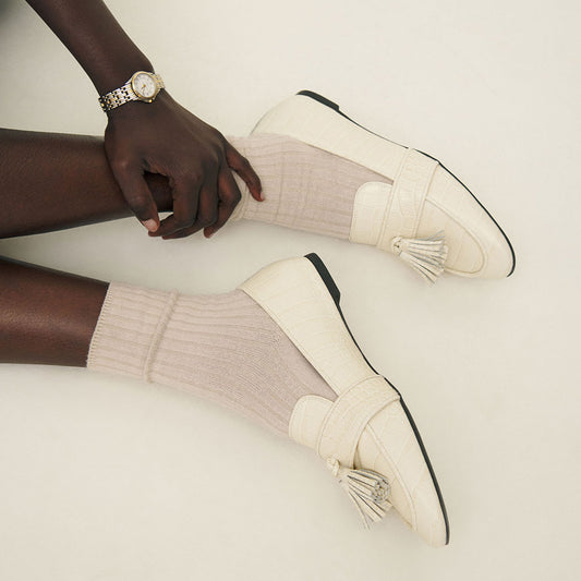 Beige Croco Embossed Round Toe Flat Women's Loafers with Tassel