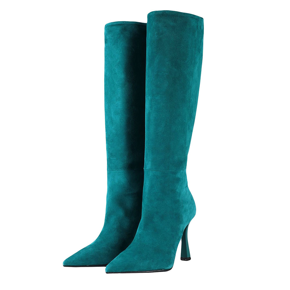 FSJ Teal Vegan Suede Pointed Toe Flared Heel Knee High Boots