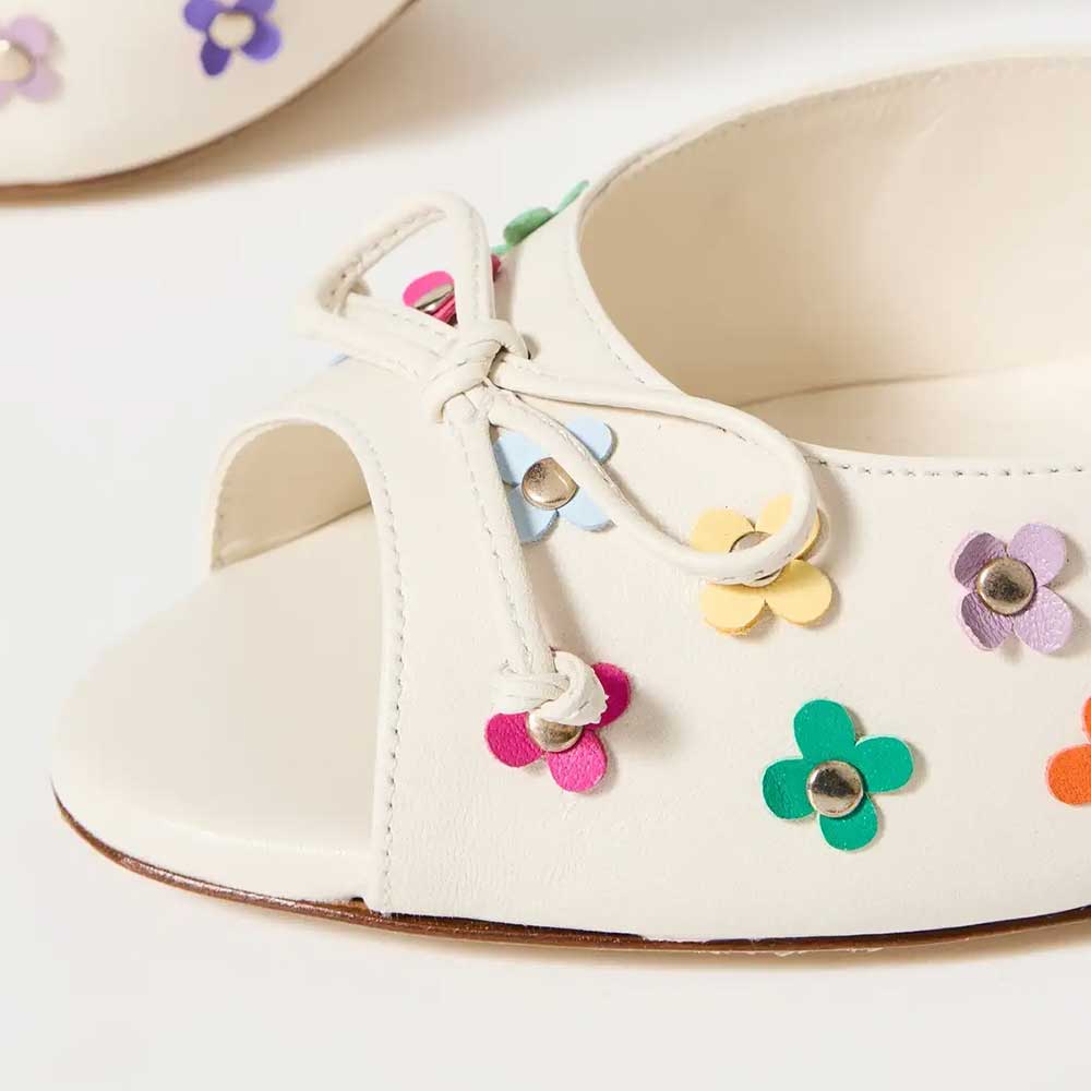 Beige Bow Decor Peep Toe Floral Studded Spool Heel Mules Shoes